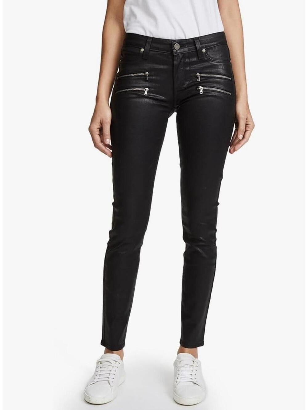 Paige Edgemont Women's 27 Coated Black Silk Mid Super Skinny Jeans Zippers Moto